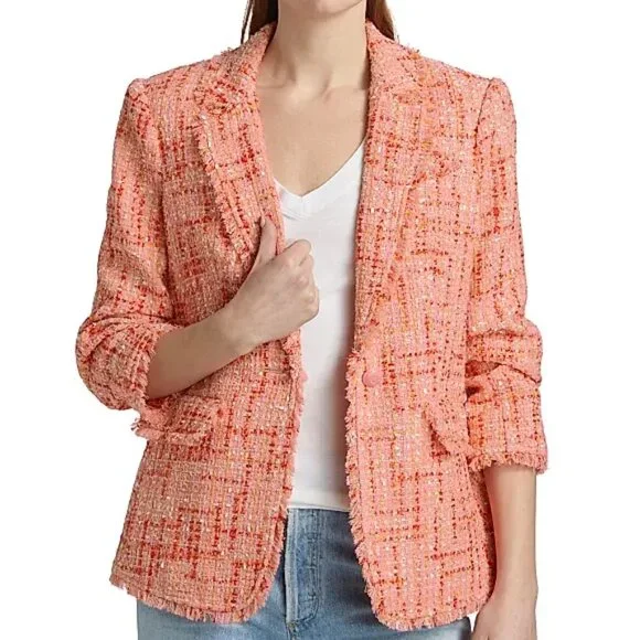 Cinq à Sept 'Khloe' Fringe-Trim Lucie Boucle Blazer, Pink Poppy Multi - Picture 1 of 5